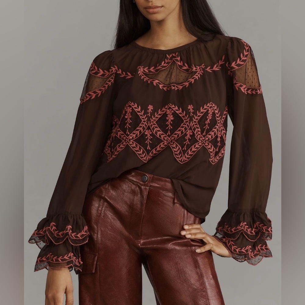 Anthropologie Long-Sleeve Appliqué Blouse Medium